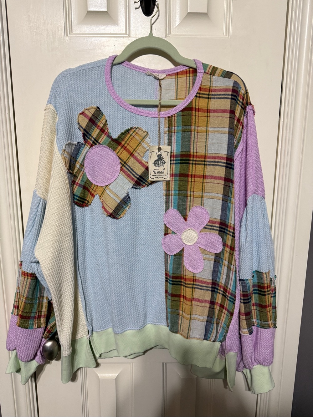 Easel Casual Floral Patchwork Top - Lavender & Pastel Plaid
